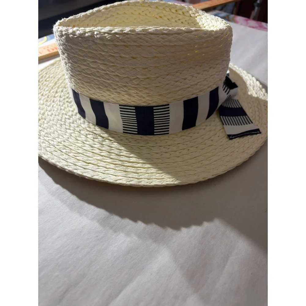 Sun N Sand Women Straw Boater Hat UPF 50+ Navy White Striped Ribbon Cream Woven